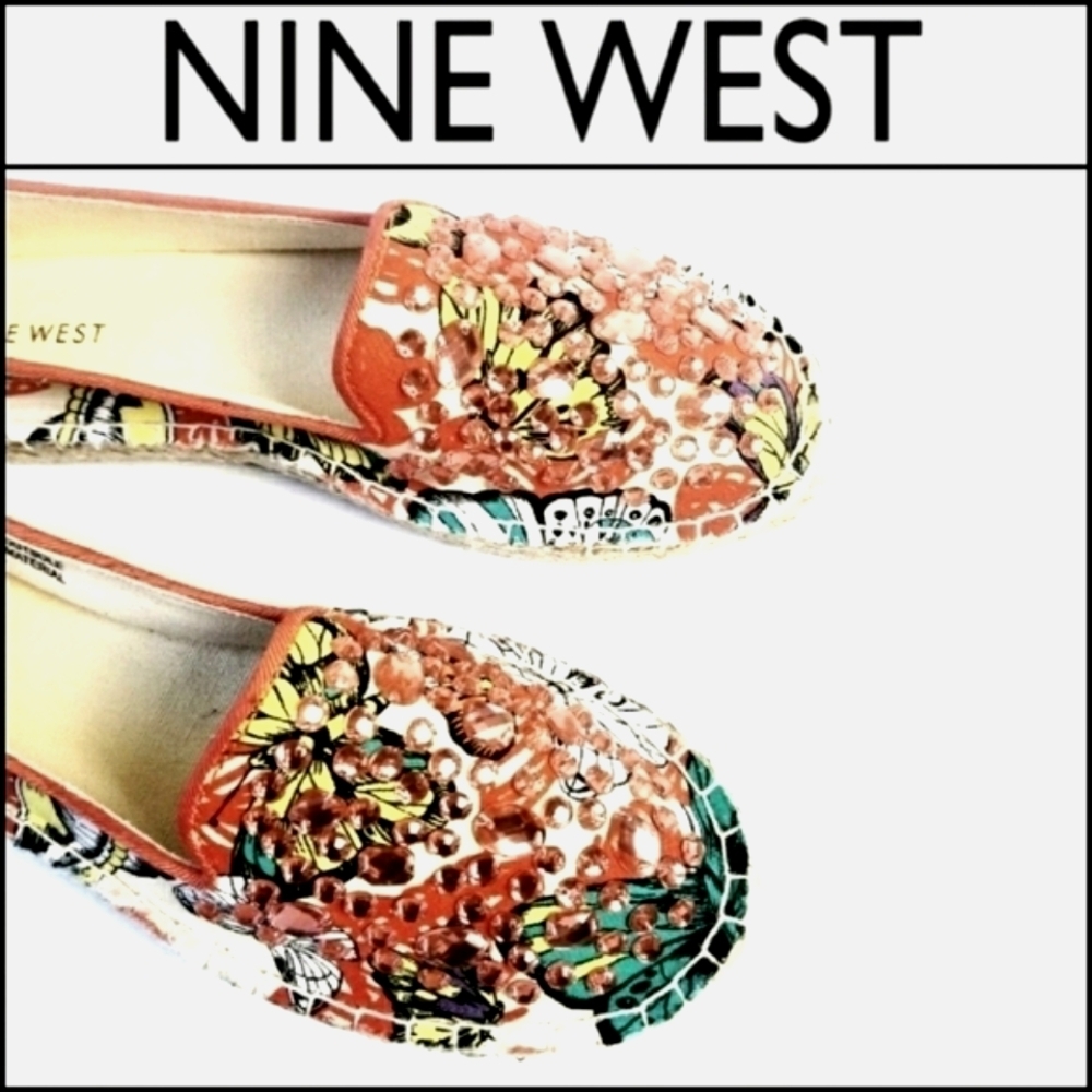 NINE WEST Opal Tropical Butterfly Print Embellished Espadrille Slip-On Loafers 5